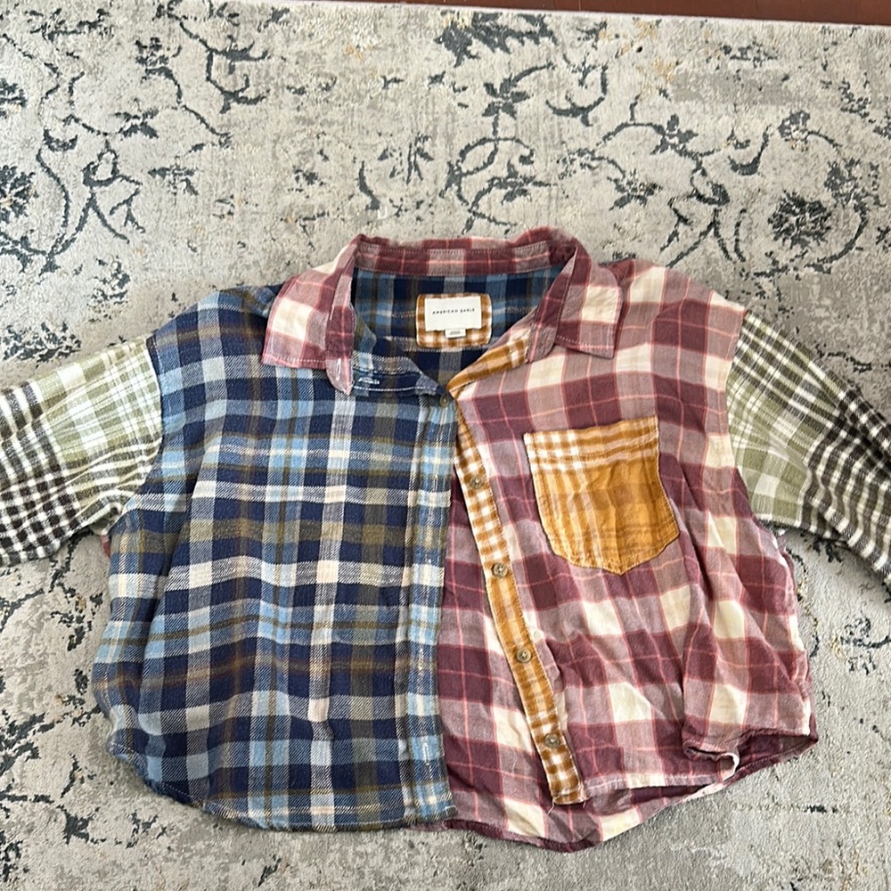 American Eagle Patchwork Plaid Cropped Shirt - image 1